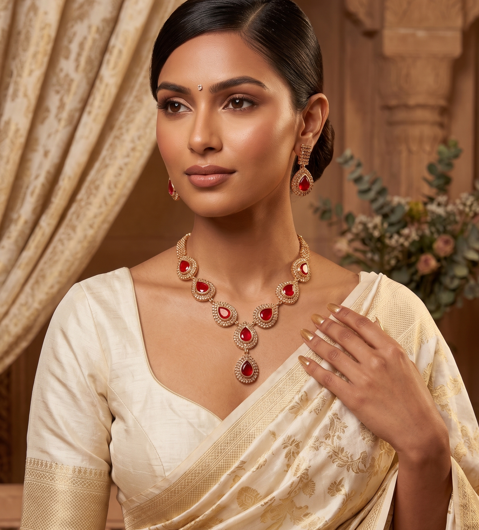 Red Stone Necklace & Earrings Set 5 Luxury red stone necklace set with matching earrings by Manadh Jewels displayed on a premium jewelry bust, ideal for bridal, wedding, festive, and party wear