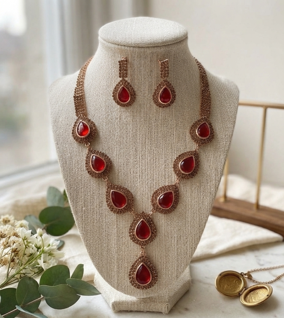 Red-Stone-Necklace-Earrings-Set Luxury red stone necklace set with matching earrings by Manadh Jewels displayed on a premium jewelry bust, ideal for bridal, wedding, festive, and party wear