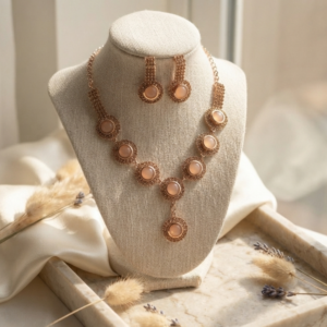 Rose gold peach cabochon and crystal halo necklace set with matching drop earrings