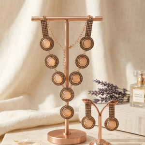 Rose gold peach cabochon and crystal halo necklace set with matching drop earrings