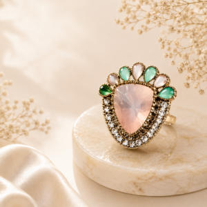 Elegant rose quartz statement cocktail ring featuring a heart-shaped blush pink gemstone with crystal halo and aqua accent stones in a premium gold-tone finish by Manadh Jewels.