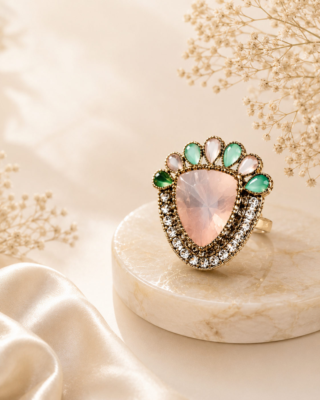Rose Quartz Statement Cocktail Ring 1 Elegant rose quartz statement cocktail ring featuring a heart-shaped blush pink gemstone with crystal halo and aqua accent stones in a premium gold-tone finish by Manadh Jewels.