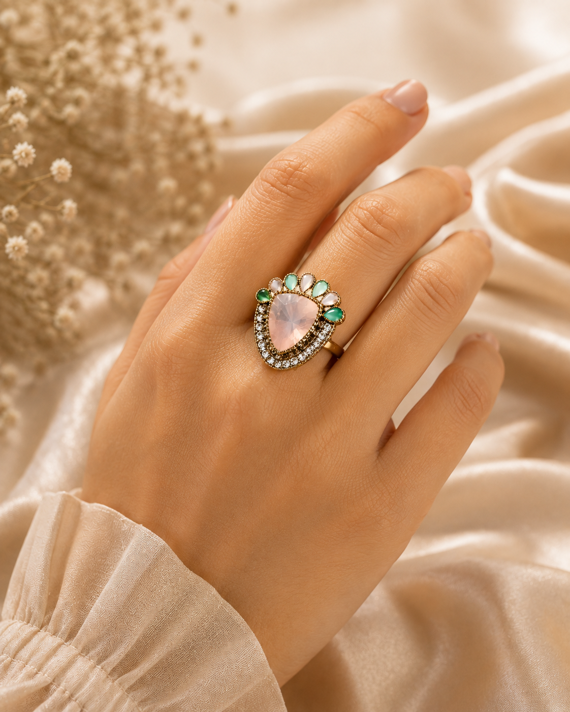 Rose Quartz Statement Cocktail Ring 2 Elegant rose quartz statement cocktail ring featuring a heart-shaped blush pink gemstone with crystal halo and aqua accent stones in a premium gold-tone finish by Manadh Jewels.