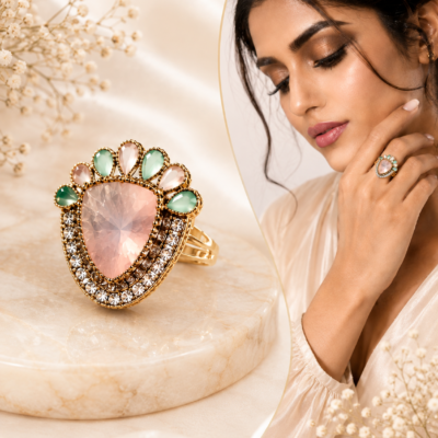Elegant rose quartz statement cocktail ring featuring a heart-shaped blush pink gemstone with crystal halo and aqua accent stones in a premium gold-tone finish by Manadh Jewels.