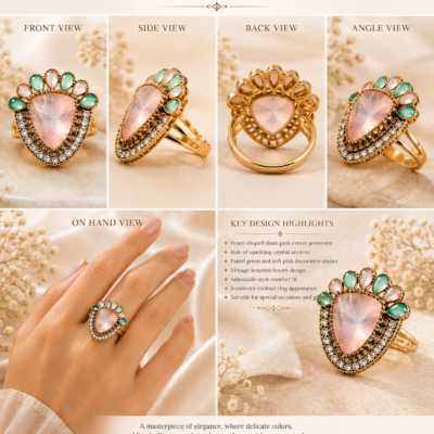 Elegant rose quartz statement cocktail ring featuring a heart-shaped blush pink gemstone with crystal halo and aqua accent stones in a premium gold-tone finish by Manadh Jewels.