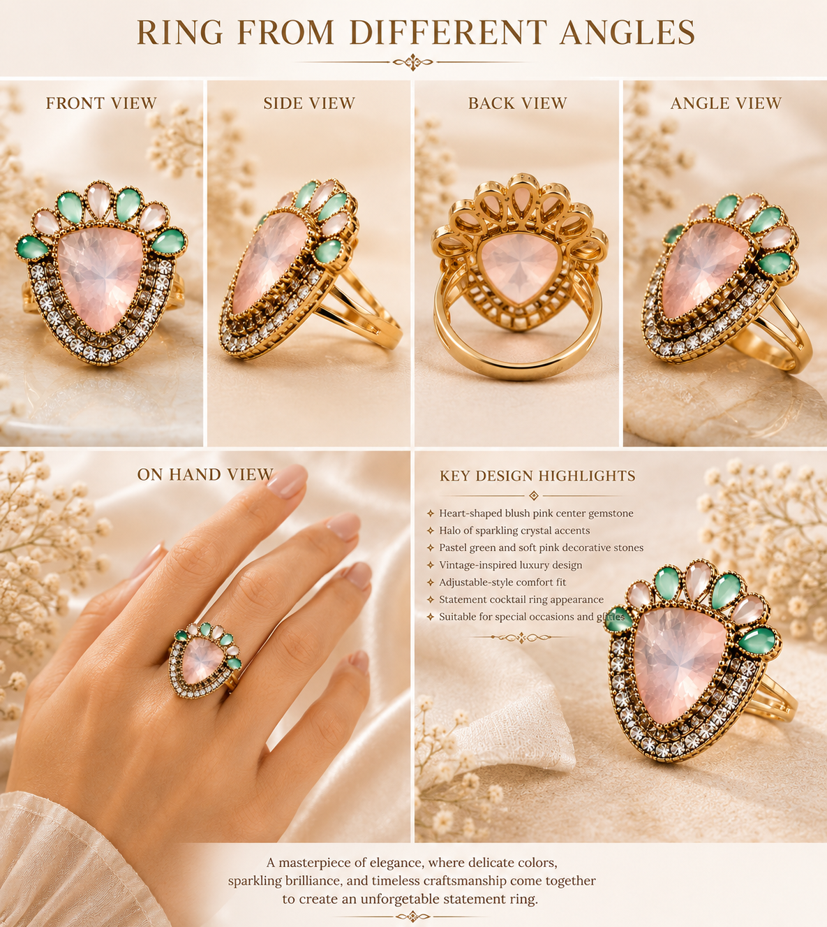 Rose Quartz Statement Cocktail Ring 4 Elegant rose quartz statement cocktail ring featuring a heart-shaped blush pink gemstone with crystal halo and aqua accent stones in a premium gold-tone finish by Manadh Jewels.