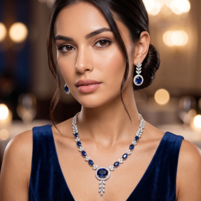 Royal Blue Sapphire Crystal Necklace Set by Manadh Jewels featuring sparkling sapphire-inspired blue stones, premium zircon detailing, matching drop earrings, and an elegant silver-tone design for bridal wear, weddings, receptions, parties, and festive occasions