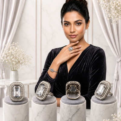 Silver statement ring by Manadh Jewels featuring a large emerald-cut clear crystal in a vintage-inspired rectangular setting, displayed in front, side, back, and angle 360-degree views.