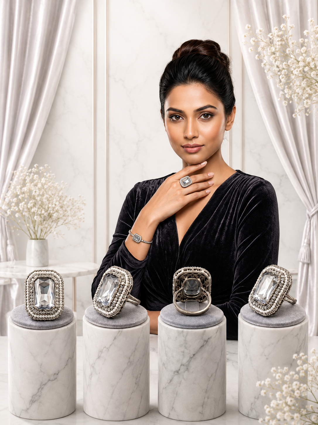 Silver Crystal Statement Ring 3 Silver statement ring by Manadh Jewels featuring a large emerald-cut clear crystal in a vintage-inspired rectangular setting, displayed in front, side, back, and angle 360-degree views.