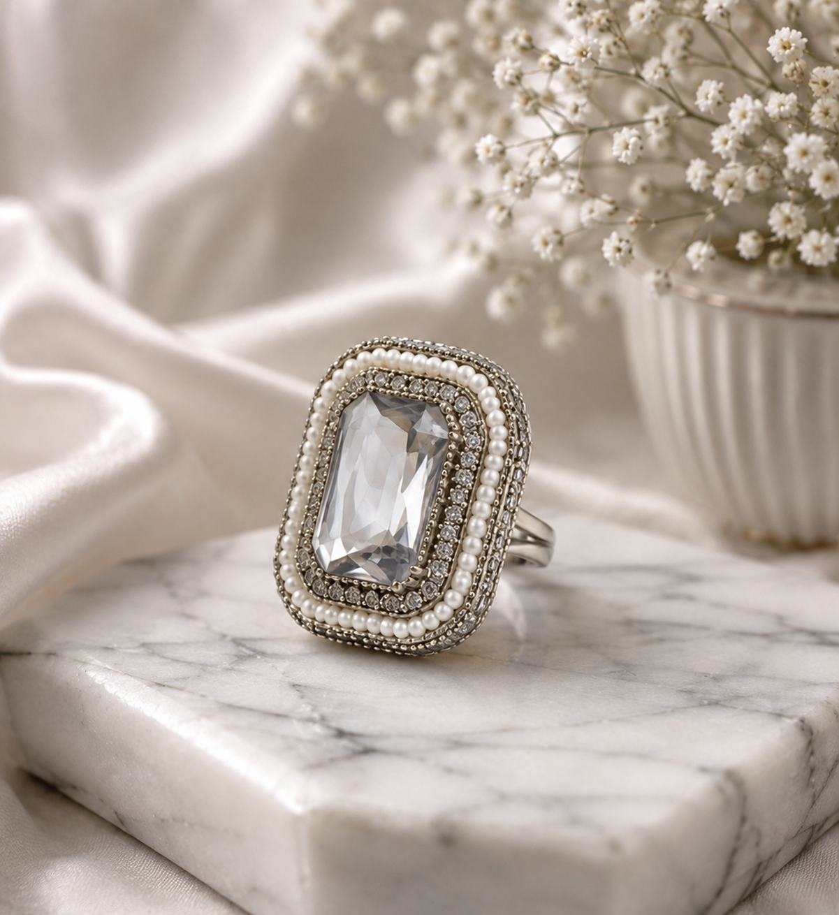 Silver Crystal Statement Ring 4 Silver statement ring by Manadh Jewels featuring a large emerald-cut clear crystal in a vintage-inspired rectangular setting, displayed in front, side, back, and angle 360-degree views.