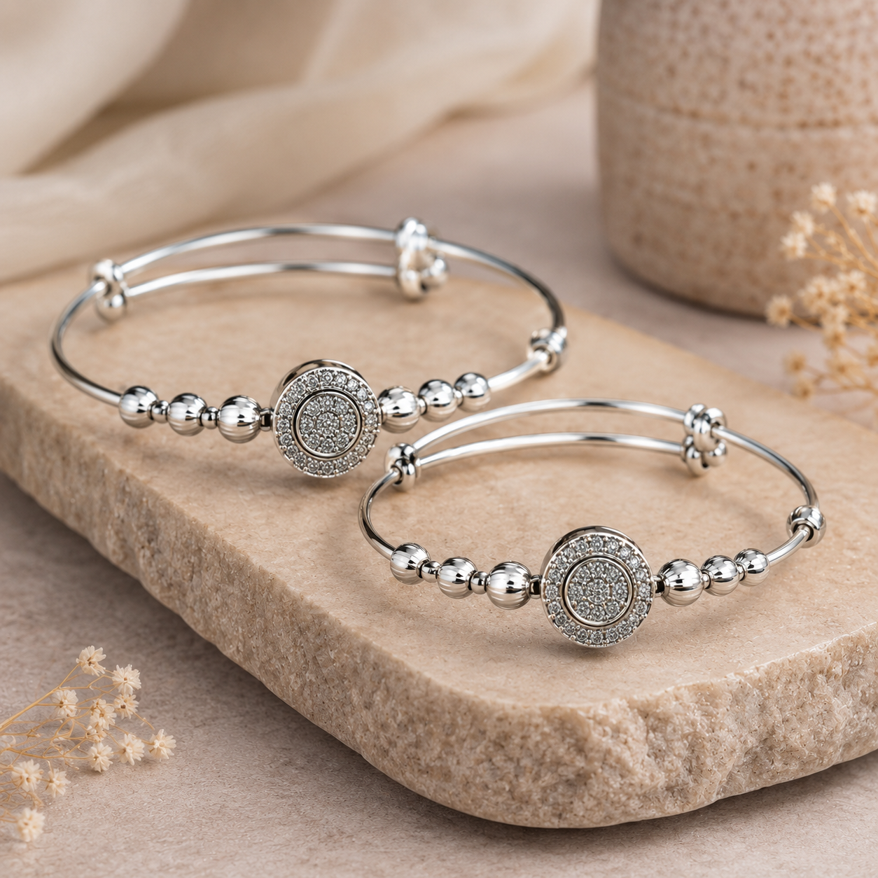 Sliver Kada MND-BR010 Slide2 Silver-toned embellished bangle set with circular centre motifs and polished bead detailing