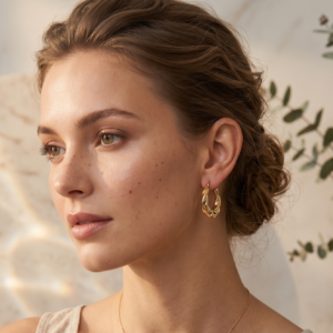 Twisted gold hoop earrings by Manadh Jewels crafted from premium stainless steel with a polished gold finish, displayed on a marble platform in an elegant luxury setting