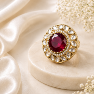 Luxury ruby statement ring by Manadh Jewels featuring a vibrant ruby-red center stone surrounded by sparkling halo accents in a premium gold-tone setting, displayed in 360-degree front, side, back, and angle views.