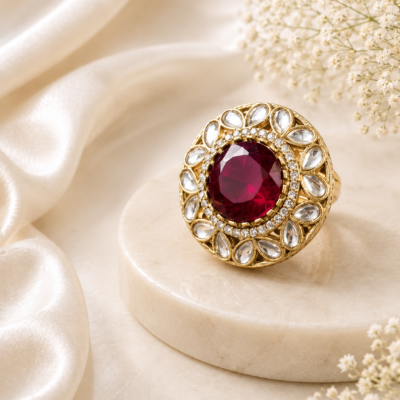 Luxury ruby statement ring by Manadh Jewels featuring a vibrant ruby-red center stone surrounded by sparkling halo accents in a premium gold-tone setting, displayed in 360-degree front, side, back, and angle views.
