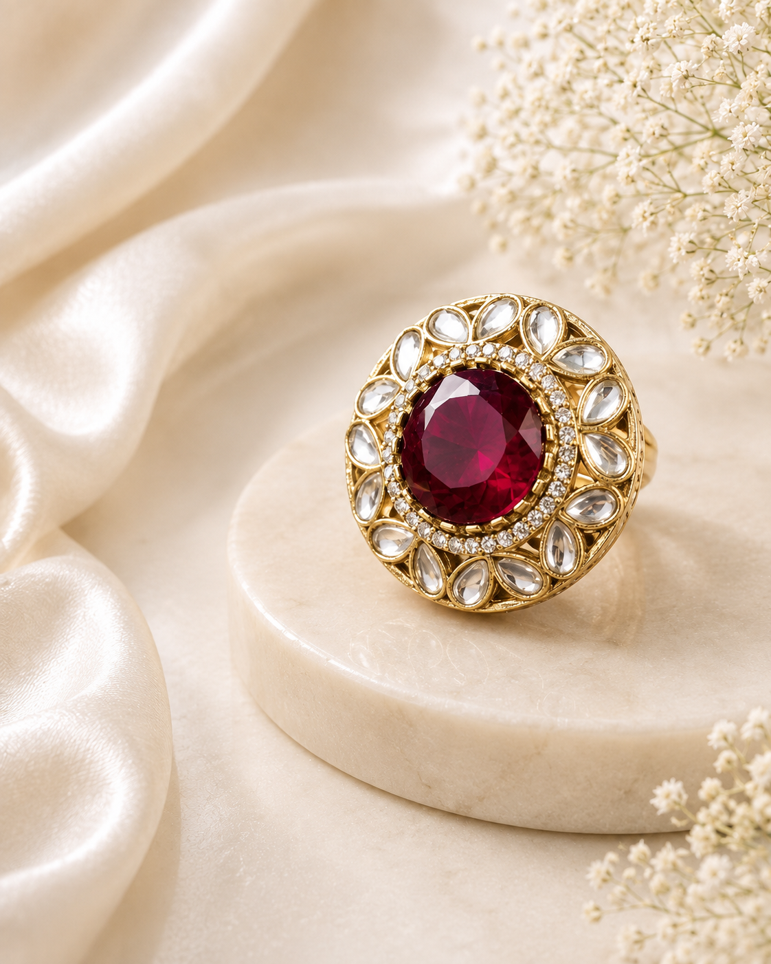 – Premium Red Gold-Tone Cocktail Ring 1 Luxury ruby statement ring by Manadh Jewels featuring a vibrant ruby-red center stone surrounded by sparkling halo accents in a premium gold-tone setting, displayed in 360-degree front, side, back, and angle views.