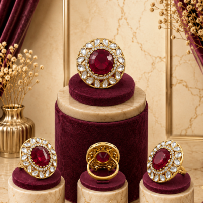 Luxury ruby statement ring by Manadh Jewels featuring a vibrant ruby-red center stone surrounded by sparkling halo accents in a premium gold-tone setting, displayed in 360-degree front, side, back, and angle views.