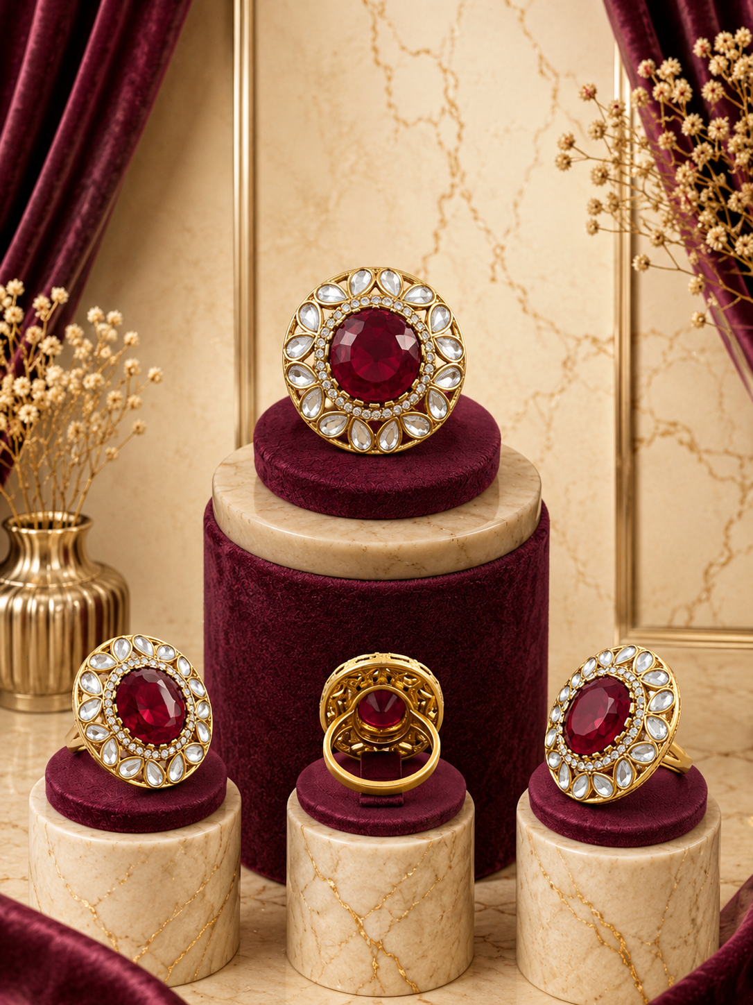 – Premium Red Gold-Tone Cocktail Ring 2 Luxury ruby statement ring by Manadh Jewels featuring a vibrant ruby-red center stone surrounded by sparkling halo accents in a premium gold-tone setting, displayed in 360-degree front, side, back, and angle views.