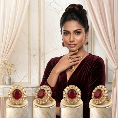 Luxury ruby statement ring by Manadh Jewels featuring a vibrant ruby-red center stone surrounded by sparkling halo accents in a premium gold-tone setting, displayed in 360-degree front, side, back, and angle views.
