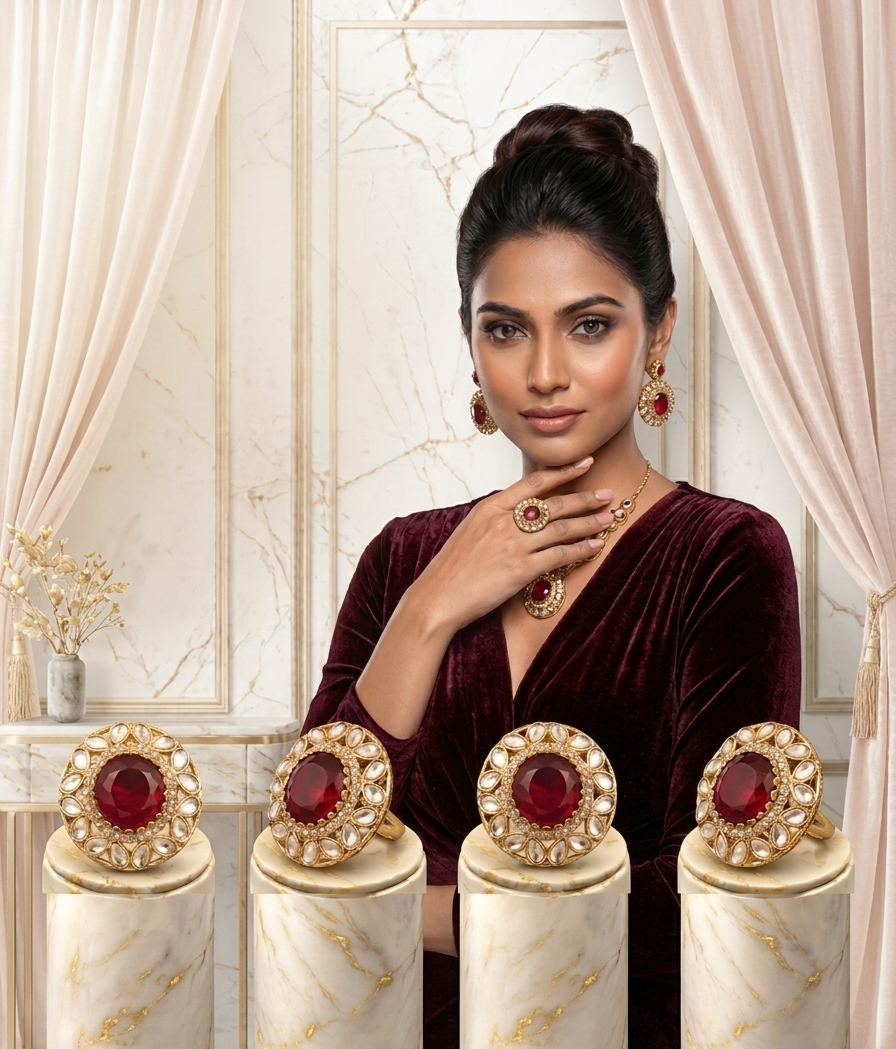 – Premium Red Gold-Tone Cocktail Ring 4 Luxury ruby statement ring by Manadh Jewels featuring a vibrant ruby-red center stone surrounded by sparkling halo accents in a premium gold-tone setting, displayed in 360-degree front, side, back, and angle views.