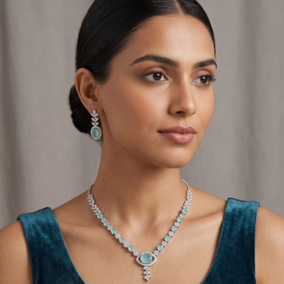 Elegant Mint Green Crystal Necklace Set by Manadh Jewels featuring aqua-green gemstones, sparkling crystal leaf motifs, matching drop earrings, and a premium silver-tone finish, perfect for bridal wear, weddings, receptions, festive celebrations, and party occasions