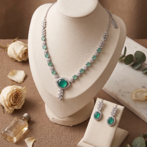 Elegant Mint Green Crystal Necklace Set by Manadh Jewels featuring aqua-green gemstones, sparkling crystal leaf motifs, matching drop earrings, and a premium silver-tone finish, perfect for bridal wear, weddings, receptions, festive celebrations, and party occasions