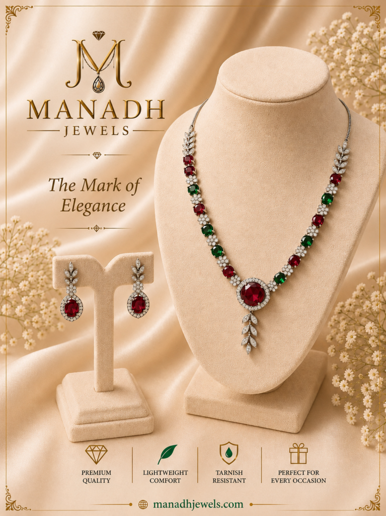 Neaklace-AD-Silver-Red-Green with-earrings