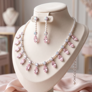 Elegant pink crystal and pearl necklace set with matching drop earrings on a soft satin background.