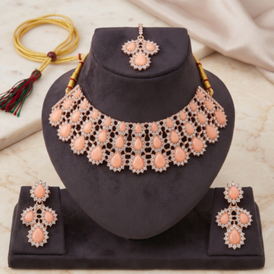 Manadh Jewels luxurious rose gold bridal choker necklace set featuring layered teardrop peach stones and sparkling crystals, complete with matching drop earrings and a coordinating maang tikka