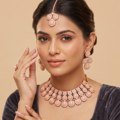 Manadh Jewels luxurious rose gold bridal choker necklace set featuring layered teardrop peach stones and sparkling crystals, complete with matching drop earrings and a coordinating maang tikka
