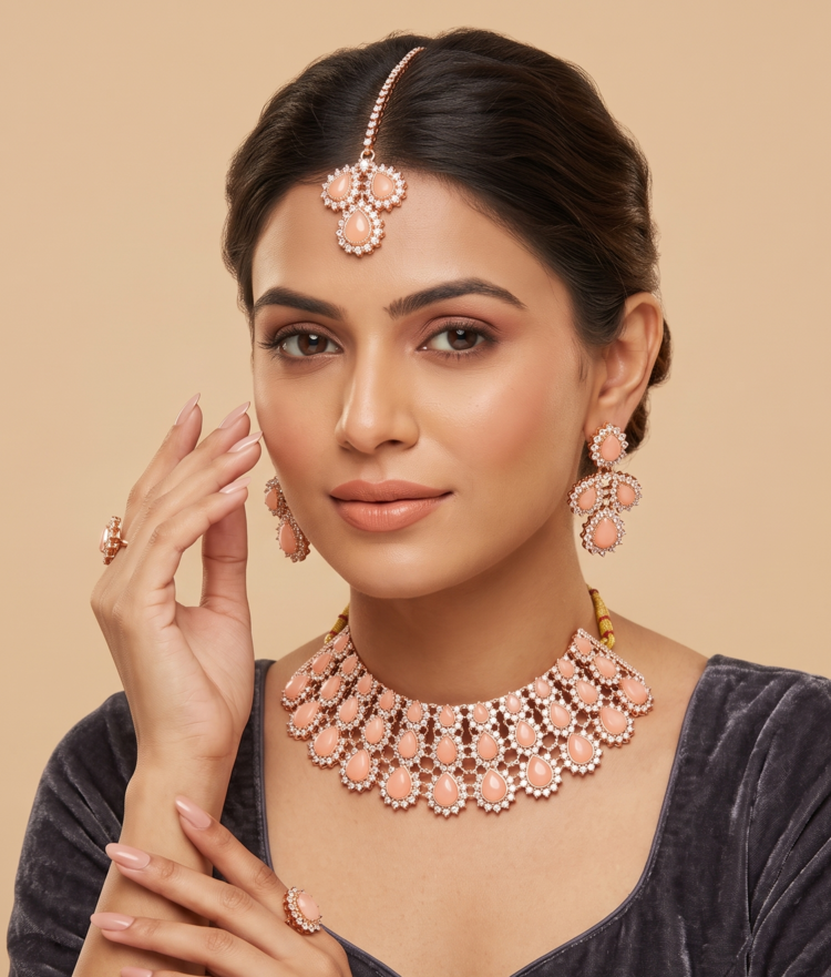 Peach Rose Gold Bridal Choker Set with Earrings & Maang Tikka 2 Manadh Jewels luxurious rose gold bridal choker necklace set featuring layered teardrop peach stones and sparkling crystals, complete with matching drop earrings and a coordinating maang tikka