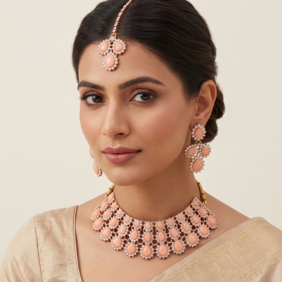 Manadh Jewels luxurious rose gold bridal choker necklace set featuring layered teardrop peach stones and sparkling crystals, complete with matching drop earrings and a coordinating maang tikka