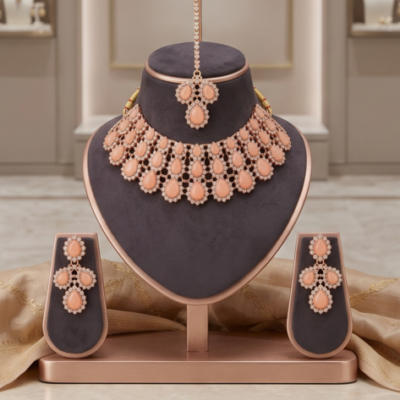 Manadh Jewels luxurious rose gold bridal choker necklace set featuring layered teardrop peach stones and sparkling crystals, complete with matching drop earrings and a coordinating maang tikka