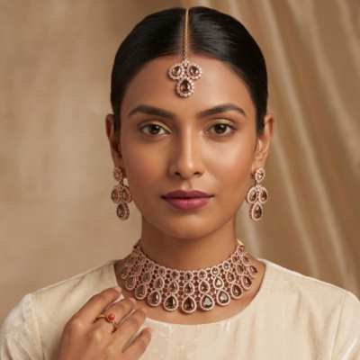 Rose gold plated Indian choker necklace set featuring olive green teardrop stones, clear crystals, matching chandelier drop earrings, and a maang tikka