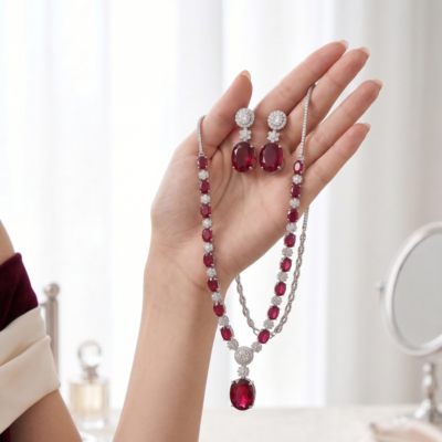 Manadh Jewels Ruby Red Crystal Necklace Set with Matching Earrings featuring premium ruby-red stones and sparkling crystal accents, ideal for weddings, parties, festive occasions, and bridal wear