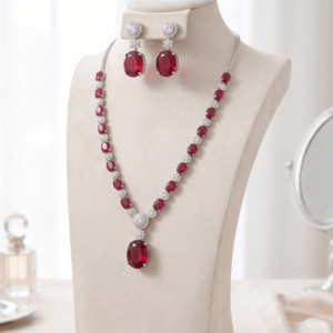 Manadh Jewels Ruby Red Crystal Necklace Set with Matching Earrings featuring premium ruby-red stones and sparkling crystal accents, ideal for weddings, parties, festive occasions, and bridal wear