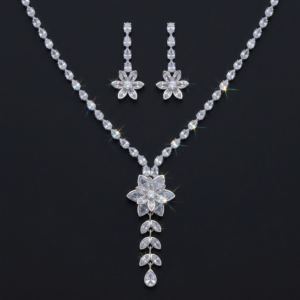 Lightweight silver crystal latkan necklace set on clear card packaging with adjustable link chain