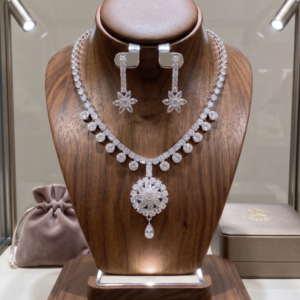 Elegant silver crystal floral necklace set with matching drop earrings