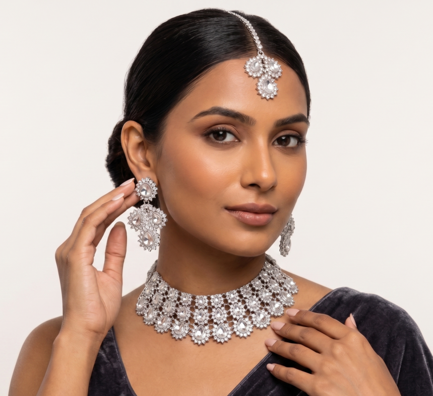 Silver Crystal Choker Necklace Set with Maang Tikka 2 silver stone bridal choker necklace set with matching earrings and maang tikka on black velvet display