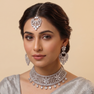 Manadh Jewels silver-tone bridal choker necklace set featuring intricate floral motifs and clear crystal mirror-style stones, complete with matching drop earrings and a coordinating maang tikka