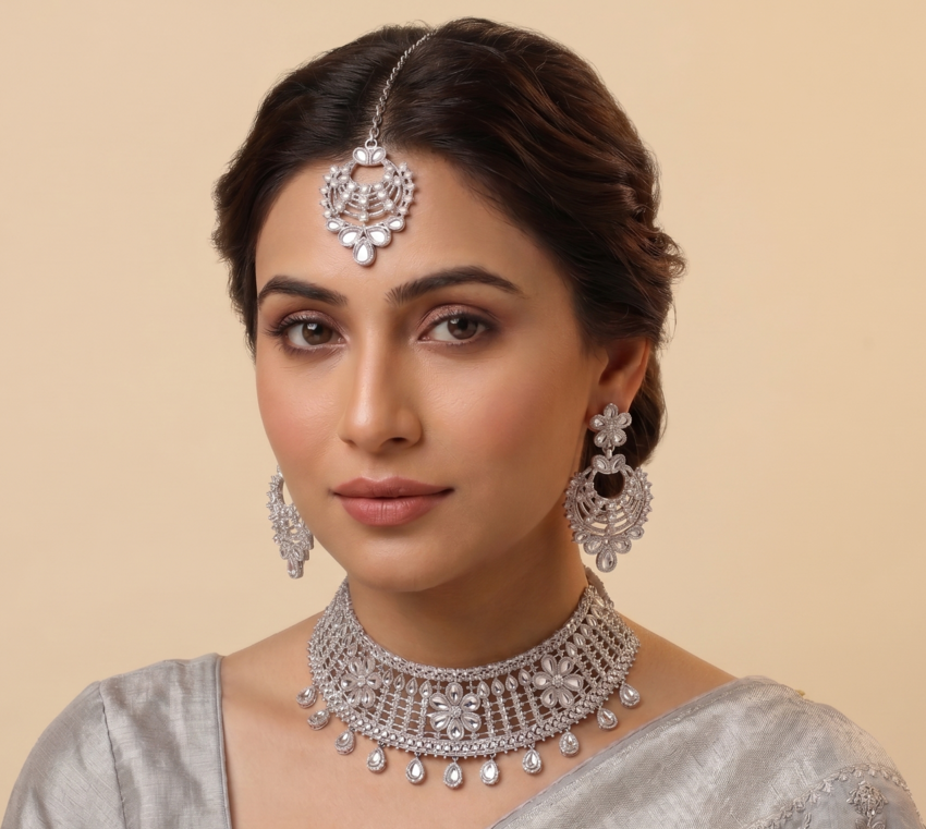 Silver-Toned Floral Bridal Choker Set with Earrings & Tikka 2 Manadh Jewels silver-tone bridal choker necklace set featuring intricate floral motifs and clear crystal mirror-style stones, complete with matching drop earrings and a coordinating maang tikka