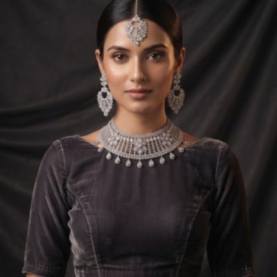 Manadh Jewels silver-tone bridal choker necklace set featuring intricate floral motifs and clear crystal mirror-style stones, complete with matching drop earrings and a coordinating maang tikka