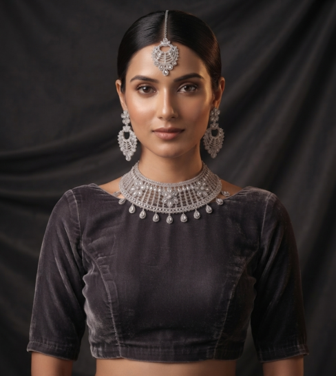 Silver-Toned Floral Bridal Choker Set with Earrings & Tikka 3 Manadh Jewels silver-tone bridal choker necklace set featuring intricate floral motifs and clear crystal mirror-style stones, complete with matching drop earrings and a coordinating maang tikka