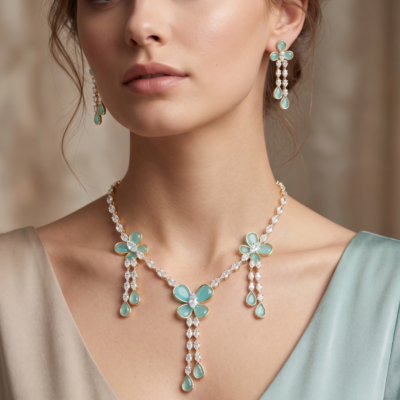 Lightweight green butterfly latkan necklace and earring jewelry set in clear display card presentation