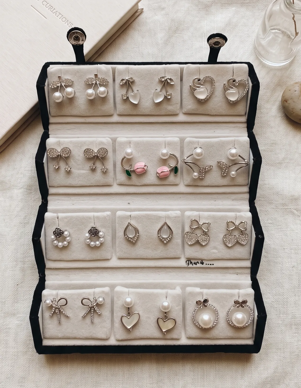 12-Pair Curated Korean Fashion Earring Gift Set 1 Curated 12-pair gold and pearl fashion earring collection displayed in an open black velvet four-tier jewelry travel organizer roll