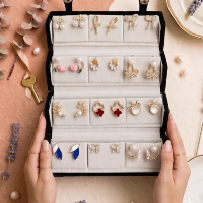 Curated 12-pair gold and pearl fashion earring collection displayed in an open black velvet four-tier jewelry travel organizer roll