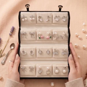 Curated 12-pair gold and pearl fashion earring collection displayed in an open black velvet four-tier jewelry travel organizer roll