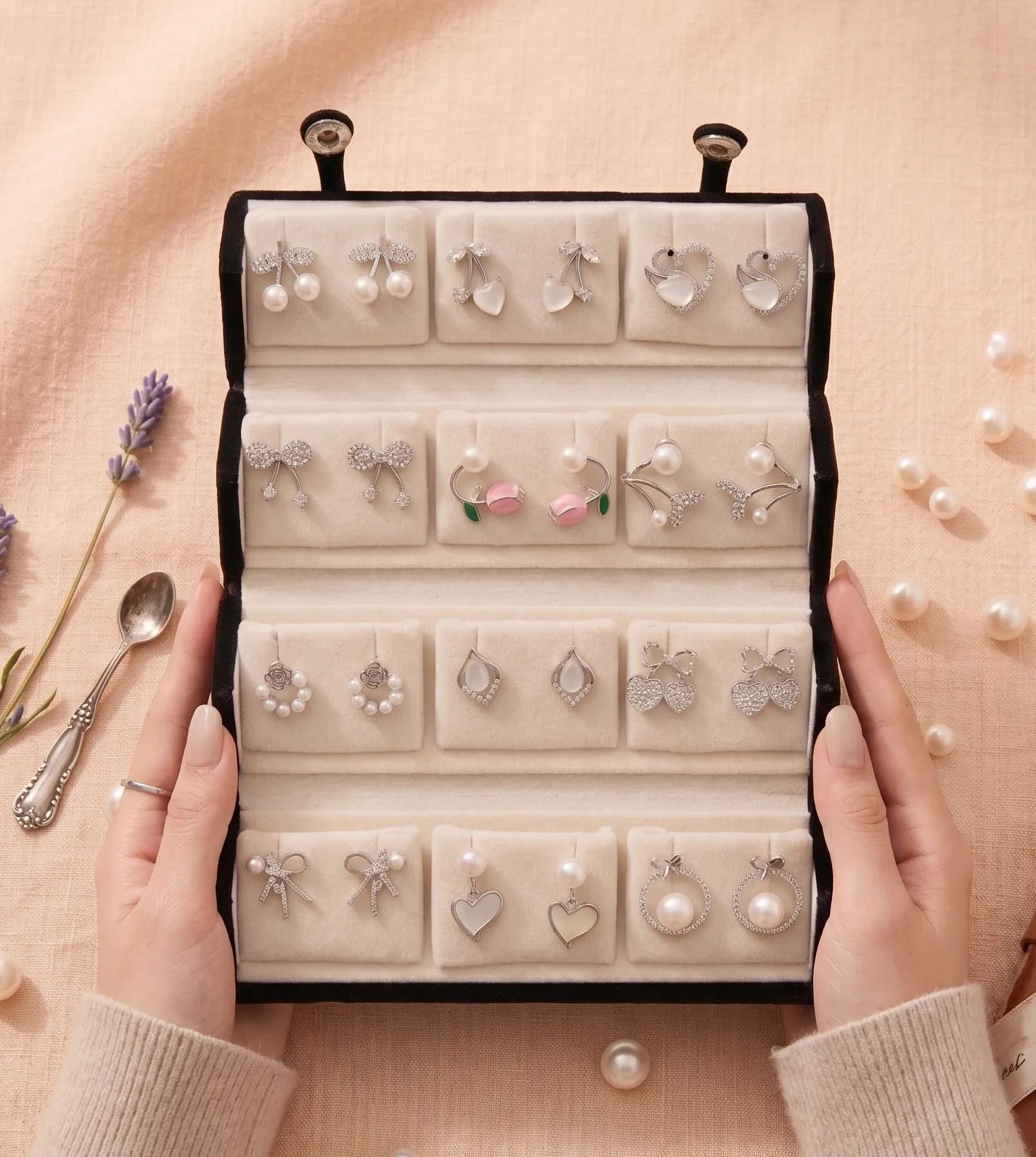 12-Pair Curated Korean Fashion Earring Gift Set 2 Curated 12-pair gold and pearl fashion earring collection displayed in an open black velvet four-tier jewelry travel organizer roll