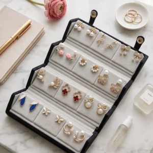 Curated 12-pair gold and pearl fashion earring collection displayed in an open black velvet four-tier jewelry travel organizer roll