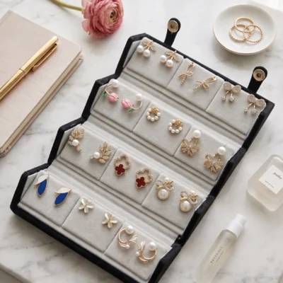 Curated 12-pair gold and pearl fashion earring collection displayed in an open black velvet four-tier jewelry travel organizer roll