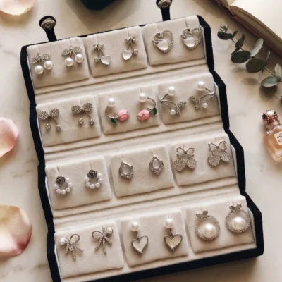 Curated 12-pair gold and pearl fashion earring collection displayed in an open black velvet four-tier jewelry travel organizer roll